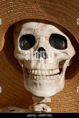 Nahaufnahme von Skelett-Schädel mit schwarze Augenhöhlen in Hut mit breiter Krempe Stockfoto