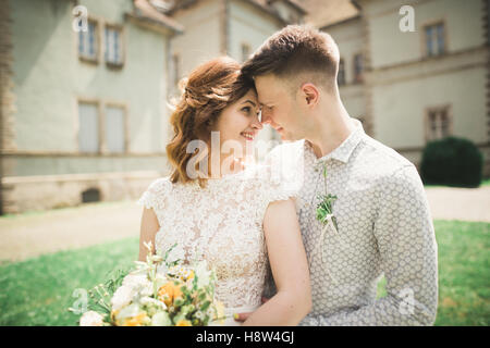 Glückliche Hochzeit paar umarmt und lächelnd einander auf Hintergrund altes Schloss Stockfoto