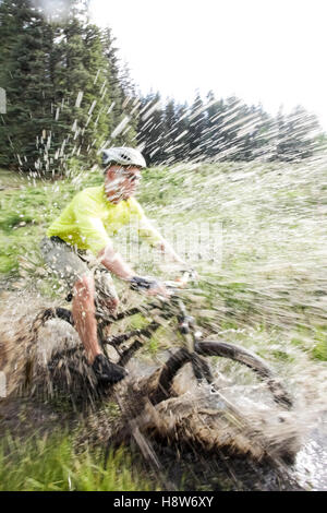 Abenteuerlustiger Mann mit Helm fährt mit dem Mountainbike durch einen Bach in Sierra Vista, New Mexico, umgeben von üppiger Natur. Stockfoto