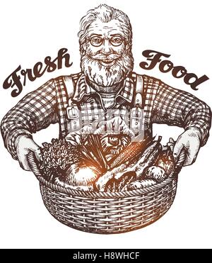 Bauer mit Korb mit frischem Gemüse. Skizze-Vektor-illustration Stock Vektor