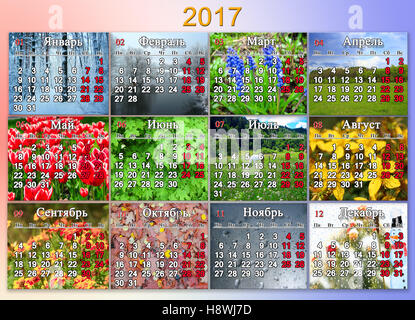 Kalender für das Jahr 2017 in russischer Sprache mit Foto der Natur für jeden Monat Stockfoto