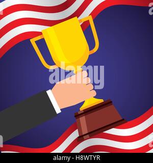menschliche Hand halten eine goldene-Trophäe über Usa-Flagge. farbenfrohes Design. Vektor-illustration Stock Vektor