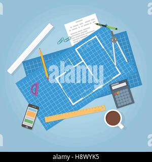 Architektonische Planung. Ansicht von oben. Flache Gegenstände, Baumeister Baupläne des Hauses. Ingenieur-Daten. Stock Vektor