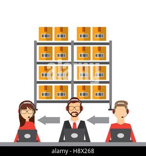 logistische Unterstützung Arbeiter und Shelvec mit Kartons. exportieren und Importieren von bunten Design. Vektor-illustration Stock Vektor