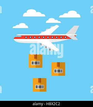 Flugzeug fliegen in den Himmel und Karton Boxen. exportieren und Importieren von bunten Design. Vektor-illustration Stock Vektor