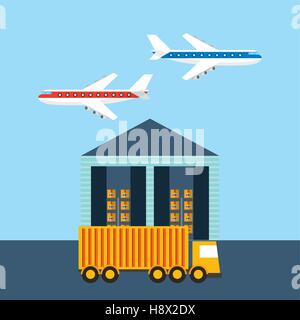 Lager mit LKW-Ladung und Flugzeuge am Himmel. exportieren und Importieren von bunten Design. Vektor-illustration Stock Vektor