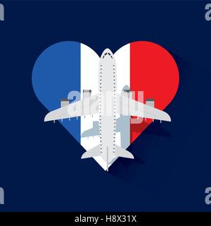 Frankreich-Flagge in Herz-Form und Flugzeug-Symbol auf blauem Hintergrund. farbenfrohes Design. Vektor-illustration Stock Vektor