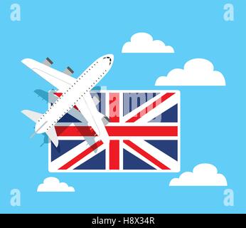 Flugzeug Fahrzeug und England Flagge über Himmelshintergrund. farbenfrohes Design. Vektor-illustration Stock Vektor