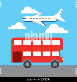 Flugzeug fliegen in den Himmel und rot Ikone Bus der Stadt London. farbenfrohes Design. Vektor-illustration Stock Vektor