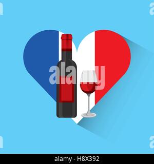 Frankreich-Flagge in Herzform mit Wein Flasche und Glas-Symbol auf blauem Hintergrund. farbenfrohes Design. Vektor-illustration Stock Vektor