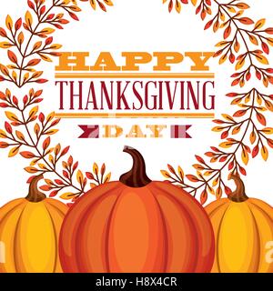 happy Thanksgiving Karte mit Kürbissen Symbole und dekorative Blätter Kranz. farbenfrohes Design. Vektor-illustration Stock Vektor