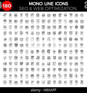 Dünne Linie Icons Set von Suchmaschinen-Optimierung, Website und APP-Design und Entwicklung. Einfache Mono Line Piktogramm Pack. Schlaganfall-Vektor-Logokonzept Stock Vektor