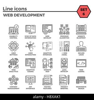 Web Entwicklung dünne Linie im Zusammenhang mit Icons Set Web-Design und Website-Anpassung auf weißem Hintergrund. Einfache Mono Linear Piktogramm Pack Schlaganfall Vect Stock Vektor