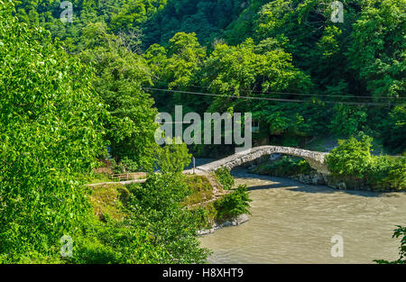 Die mittelalterliche Königin Tamar Brücke über den Ajaristskali River, umgeben von üppigen Wäldern, Mahuntseti, Georgia. Stockfoto