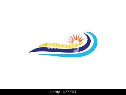 Wellen, Sonne-Logo, blaue Welle Meer und Sonne-Licht-Symbol, Sommer-Symbol-Vektor-design Stock Vektor