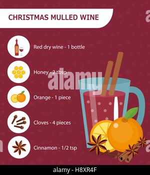 Weihnachts-cocktail-Rezept. Glühwein mit Zutaten. Warme Winter-Getränk. Vektor-illustration Stock Vektor