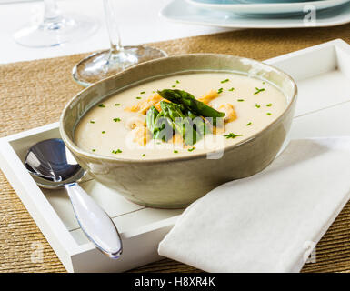 Spargel-Creme-Suppe mit Huhn in einer Schüssel auf einem weißen Tablett. Stockfoto