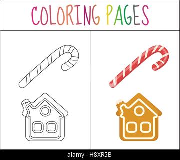 Coloring Book Seite. Candy Cane und Lebkuchen Weihnachtshaus. Skizze-Farb-Version.  für Kinder. Vektor-illustration Stock Vektor