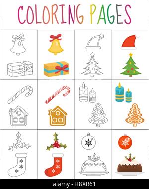 Coloring Book Seite. Weihnachten setzen. Skizze und Farbe Version.  für Kinder. Vektor-illustration Stock Vektor