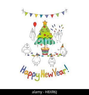 Glückliches Neujahr Grußkarte mit Karikatur lustige Vögel. Stock Vektor