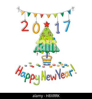 Glückliches Neujahr Grußkarte mit Tanne. Stock Vektor