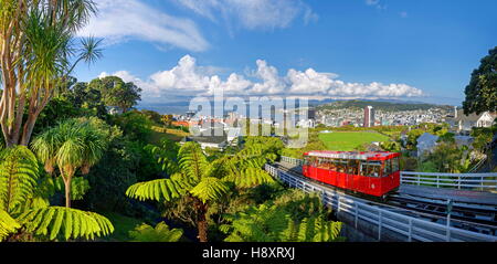 Panorama von Wellington mit der historischen Seilbahn, Nordinsel, Neuseeland Stockfoto