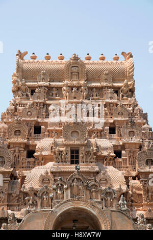 Schnitzereien an Maratha Eingang und Keralantakan Tiruvasal Gopura, Brihadisvara-Tempel, Thanjavur, Tamil Nadu, Indien. Stockfoto