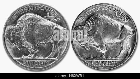 1937 D Buffalo Nickel mit drei Beinen und mit vier Beinen. Stockfoto