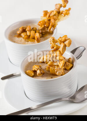 Zwei Schüsseln mit Joghurt mit karamellisierten Nüssen. Stockfoto
