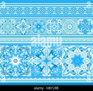 Nahtlose blauer Rahmen mit Schneeflocken in Mandala-Stil. Horizontale Musterdesign Vektor Stock Vektor