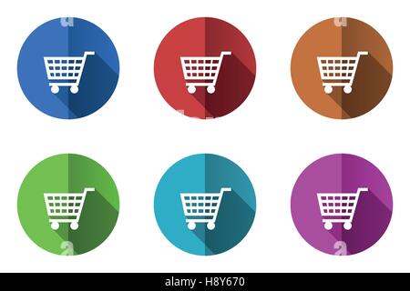 Shopping Cart-Vektor-Icons set. Flaches Design rund um Web-Schaltflächen. Bunter Kreis Drucktasten. Stock Vektor
