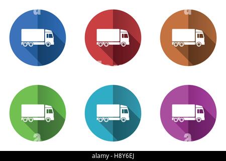 LKW-Vektor-Icons Set. Flaches Design rund um Web-Schaltflächen. Bunter Kreis Drucktasten. Stock Vektor
