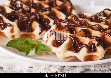 Belgische Waffeln mit Schokolade und Minze Makro auf einem Teller garniert. horizontale Stockfoto