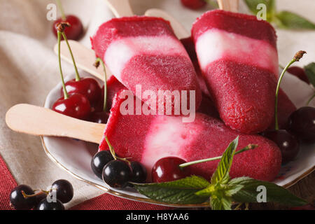 Fruchtsorbet mit Kirschen und Johannisbeeren auf eine Stick-Nahaufnahme auf einer Platte. horizontale Stockfoto