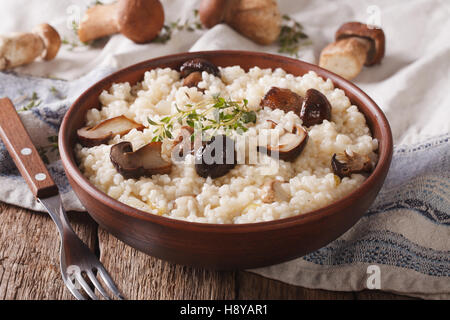 Italienische Küche: Risotto mit Pilzen hautnah in einer Schüssel auf dem Tisch. horizontale Stockfoto