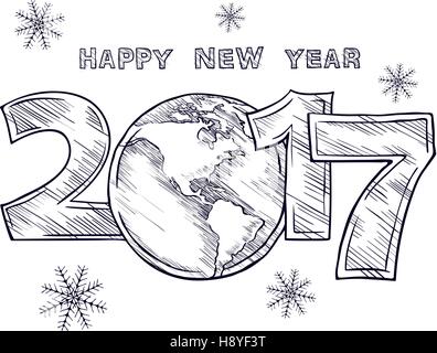 Glückliches neues Jahr 2017 Skizze. Globus Umrisszeichnung. Planetenerde. Kalender Design Typografie Vektor-Illustration auf einem weißen Hintergrund. Stock Vektor