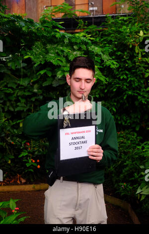 Whipsnade, Bedfordshire, Großbritannien. 10 Jan, 2017. Zoo Keeper zählt Schmetterlinge während der jährlichen Inventur in Whipsnade Zoo Stockfoto