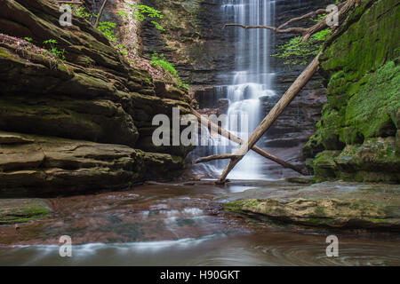 Cremige Wasser glitzert der Wasserfall am See fällt im Matthiessen State Park in Illinois. Stockfoto