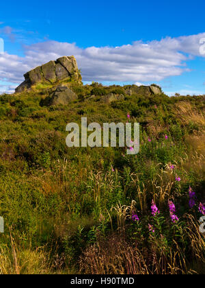 Ashover Rock oder Fabrick ein Gritstone-Boulder und Aussichtspunkt in der Nähe von Ashover im Peak District Derbyshire England UK Stockfoto