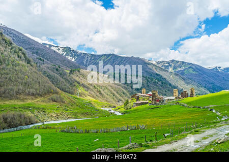 Chajashi Dorf, inmitten der grünen Wiesen in der Enguri-Schlucht Ushguli, Georgia. Stockfoto