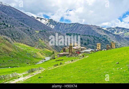 Die alten Türme des Chajashi Dorfes unter die grünen Wiesen in der Enguri-Schlucht Ushguli, Georgia. Stockfoto