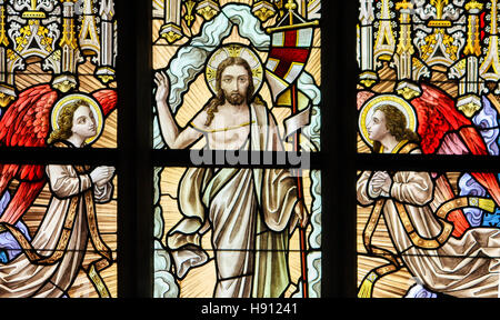 Glasmalerei-Fenster Darstellung der Auferstehung Jesu, in der Kirche Alsemberg, Belgien. Stockfoto