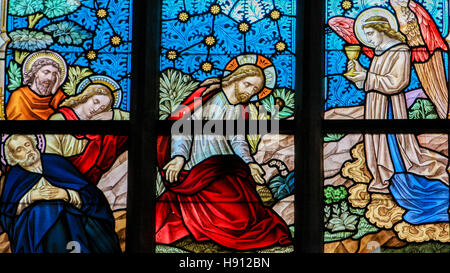 Glasmalerei-Fenster Darstellung Jesus betet im Garten Gethsemane befindet sich in der Kirche Alsemberg, Belgien. Stockfoto