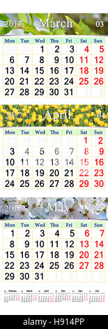 Wandkalender für drei Monate von Frühjahr März, April und Mai 2017 mit Bildern der Natur Stockfoto