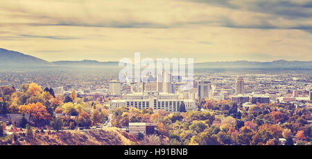 Vintage toned panoramic picture of Salt Lake City skyline, Utah, USA. Stockfoto