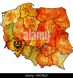 unteren schlesischen Region auf Verwaltung Karte von Polen mit den Flaggen der anderen polnischen Provinzen und administrative Abteilungen Stockfoto