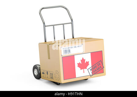 Hergestellt in Kanada Konzept. Karton auf Sackkarre, 3D-Rendering isolierten auf weißen Hintergrund Stockfoto