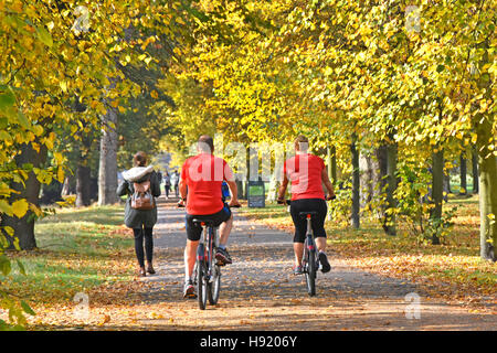 Kensington Gardens London UK Royal Park Herbst Bäume Blätter paar auf Santander Fahrradverleih Radfahren auf freigegebenen zulässigen Radweg & Fußgänger Gehweg Stockfoto