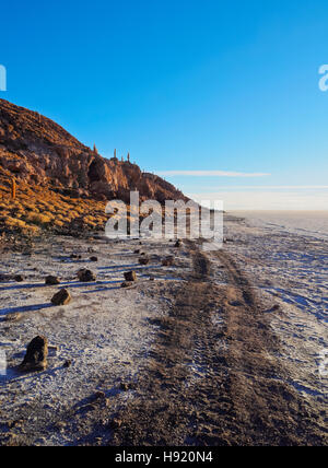 Bolivien, Potosi Department, Daniel Campos Provinz, Salar de Uyuni, Blick auf die Insel Incahuasi bei Sonnenaufgang. Stockfoto