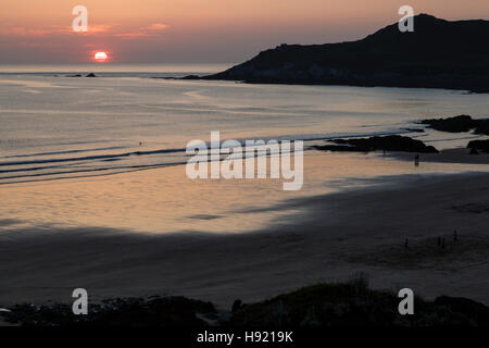 Sonnenuntergang am Combesgate Beach, Mortehoe, Devon Stockfoto